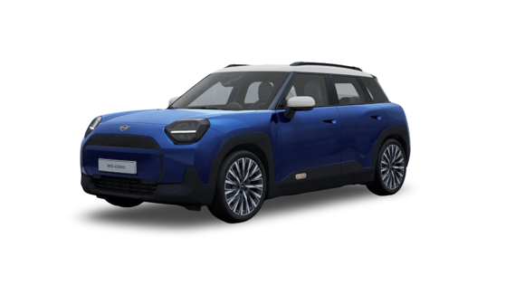 Elektrischer MINI Aceman in kräftigem Blau mit silbernem Dach, sportlichem SUV-Design und markanter Front, seitlich von vorn auf weißem Hintergrund dargestellt.