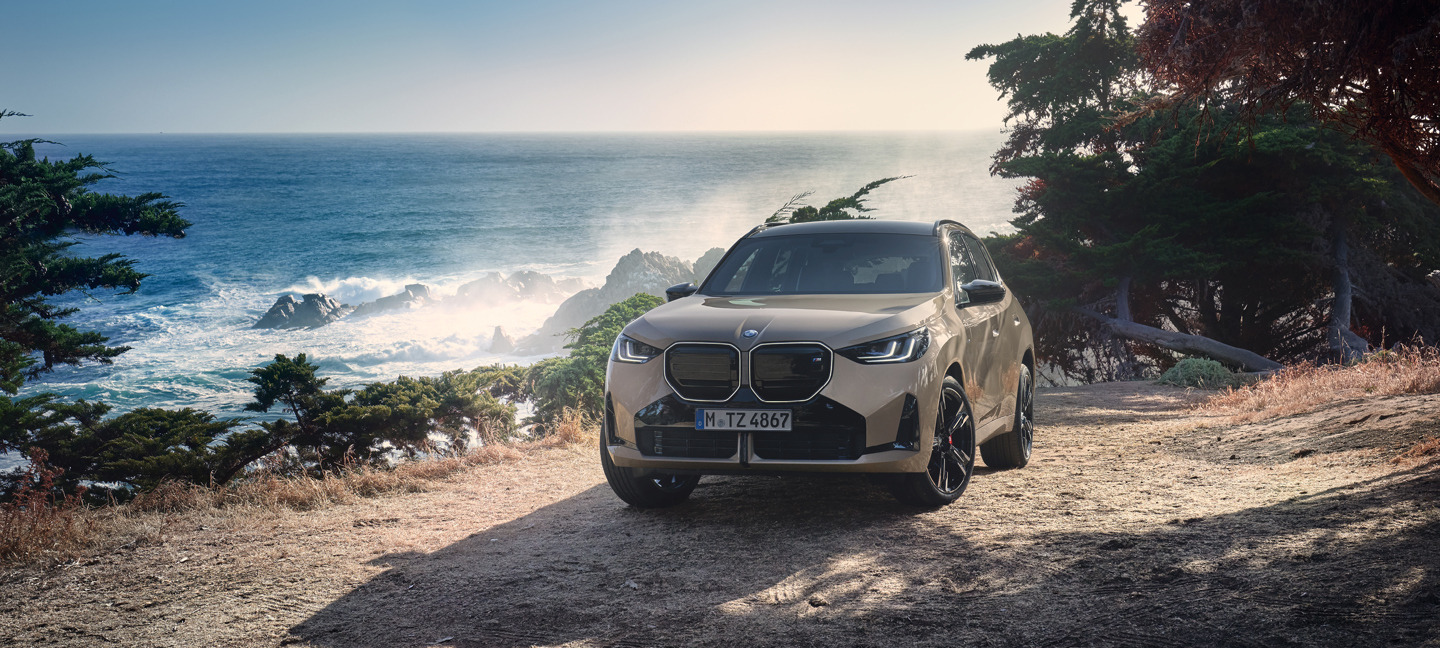Ein beiger BMW X3 parkt auf einem unbefestigten Weg in Küstennähe, während im Hintergrund die Wellen an Felsen und Bäume schlagen.