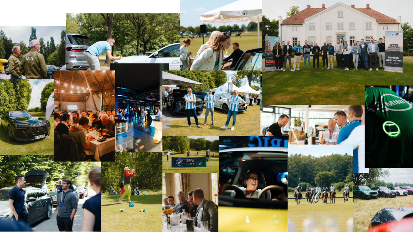 „Collage verschiedener Eindrücke von May&Olde Events aus den vergangen Jahren – mit Szenen von Probefahrten, Golfsport, festlicher Abendveranstaltung, Beratungsgesprächen, kulinarischem Genuss und emotionalen Momenten rund um BMW, MINI und ALPINA.“