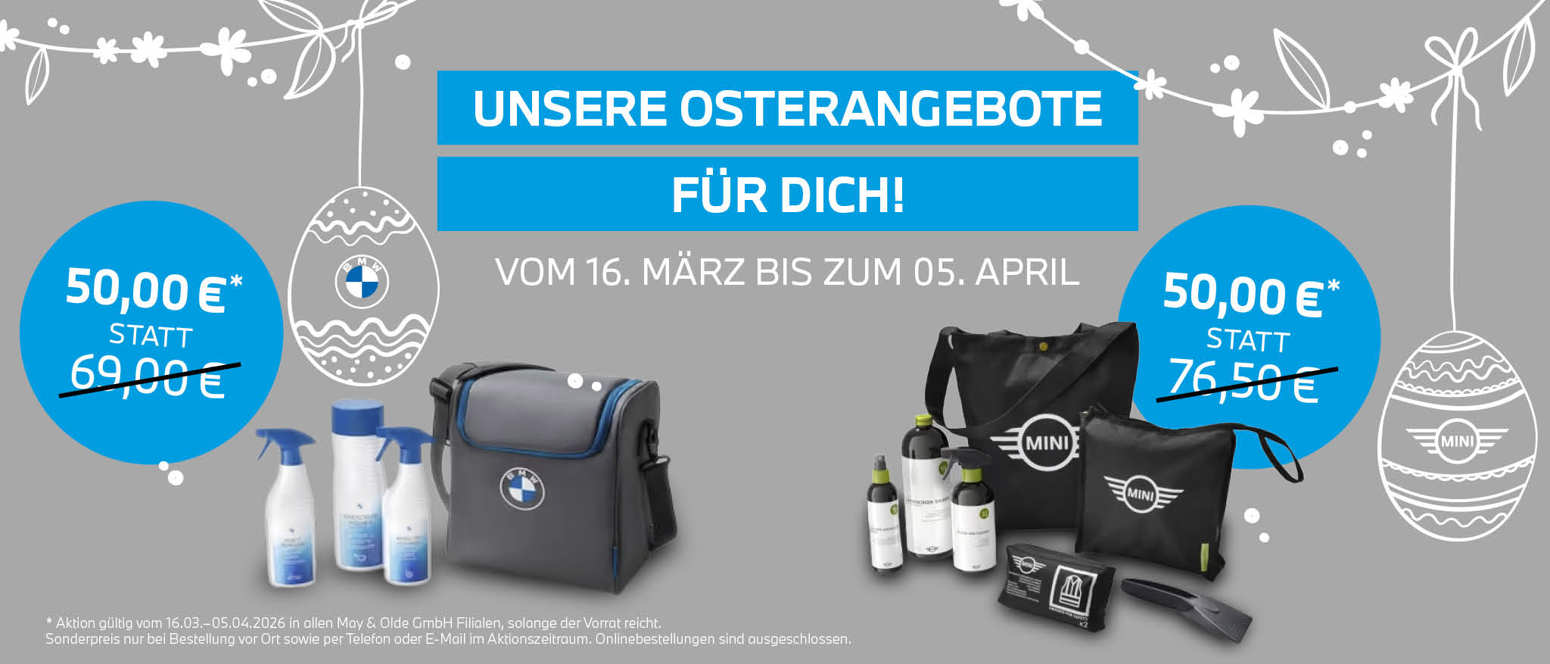 Werbebanner mit BMW- und MINI-Ostergeschenksets, deren Preise von 69€ auf 50€ und von 76,50€ auf 50€ reduziert sind.