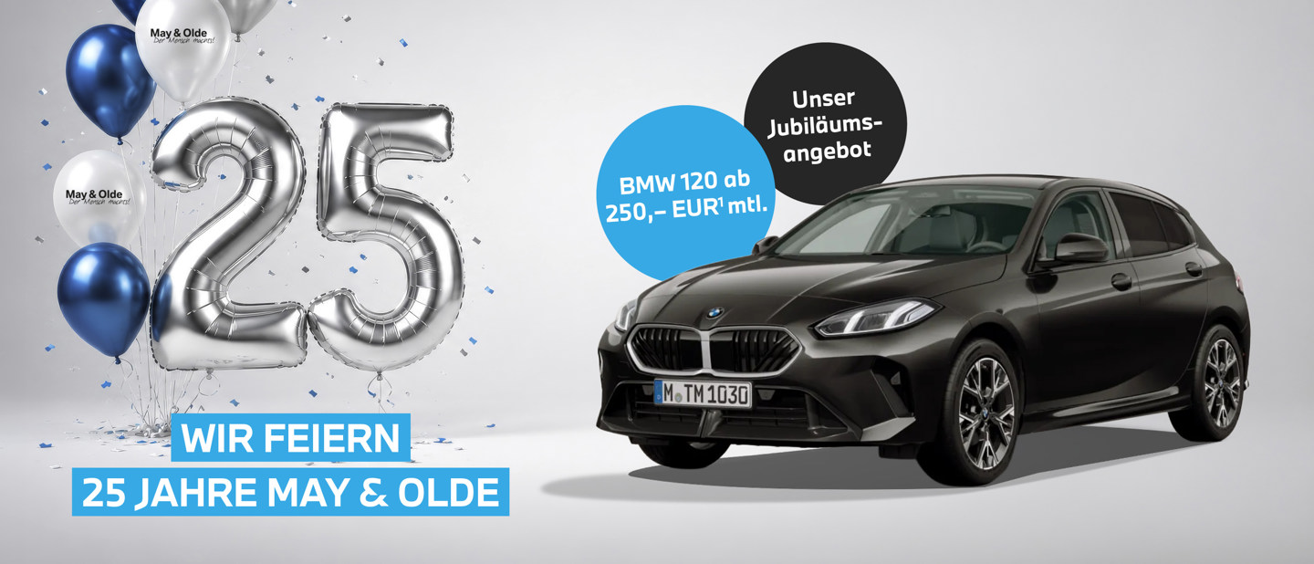 Ein silberner „25“-Ballon, blaue und weiße Ballons sowie ein schwarzer BMW; der Text feiert das 25-jährige Jubiläum von May & Olde mit einem besonderen BMW-Leasingangebot.