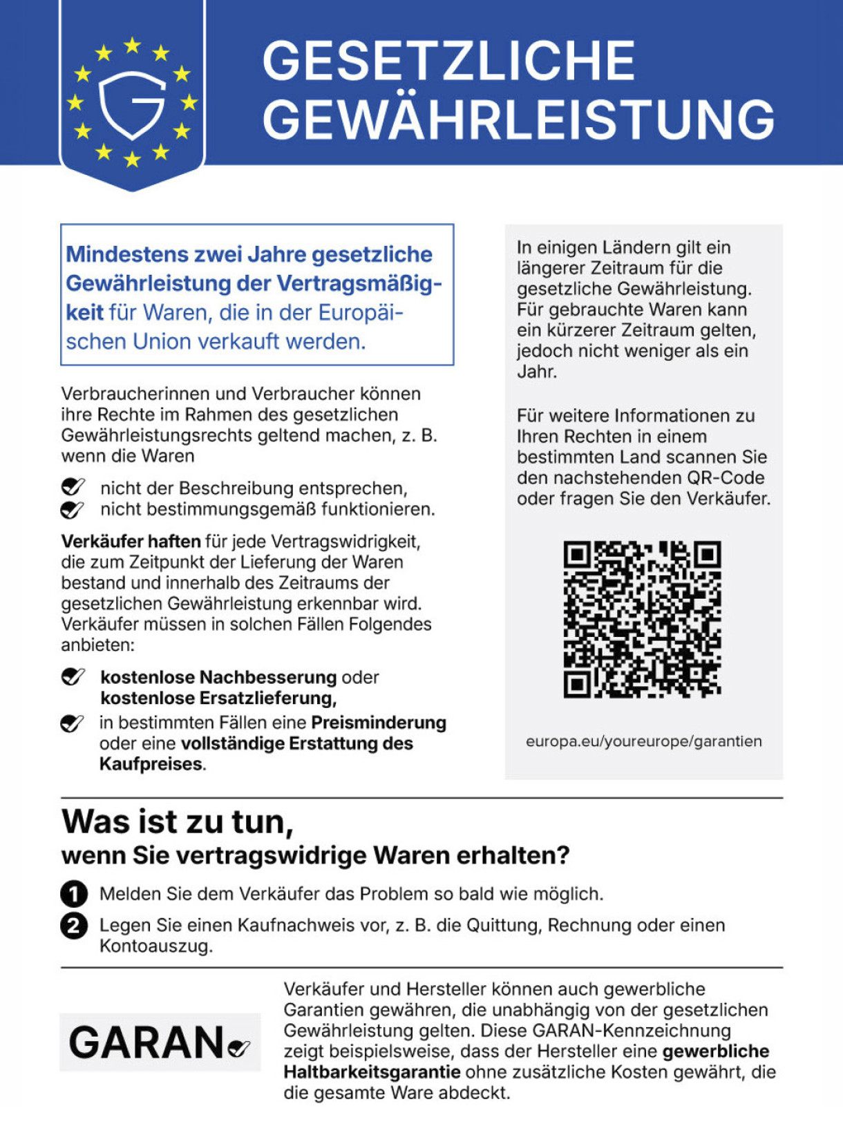 Mindst 2 års garanti på varer i EU. Sælgeren hæfter ved mangler, f.eks. for reparation, ombytning, prisnedslag eller tilbagebetaling.