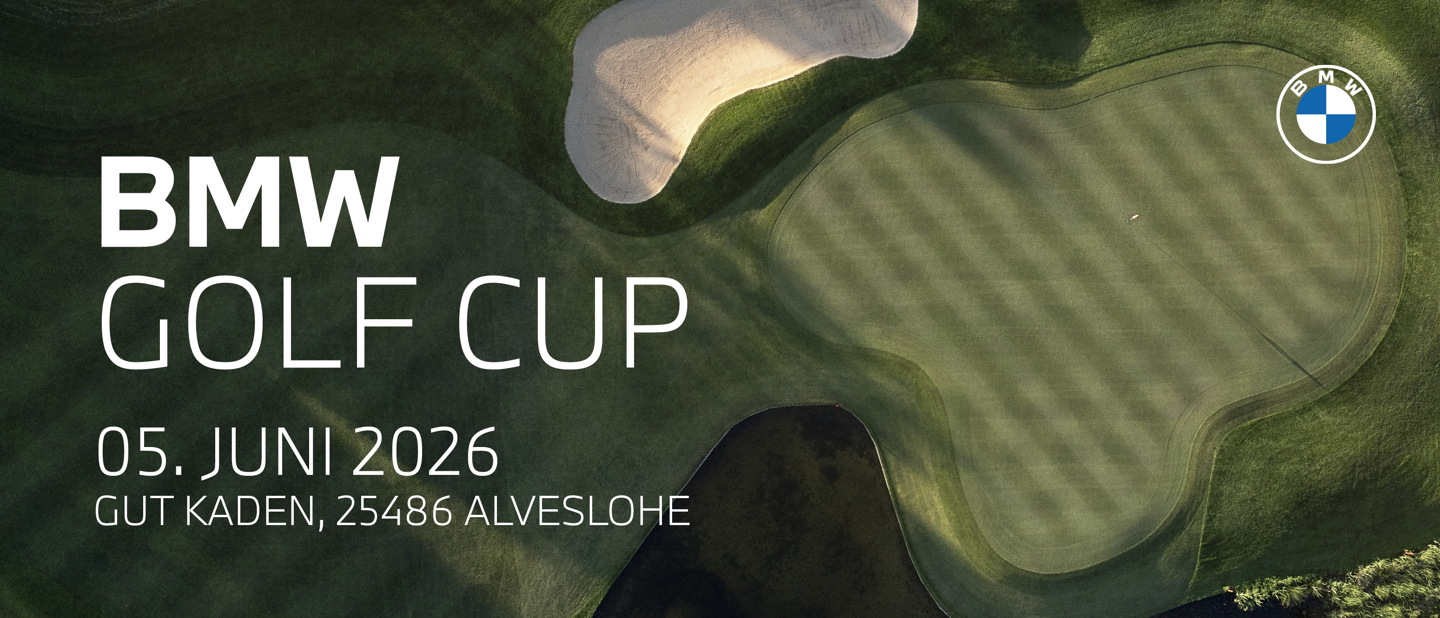 Luftaufnahme eines Golfplatzes mit Text: BMW Golf Cup, 05. Juni 2026, Gut Kaden, 25486 Alveslohe, und BMW Logo.