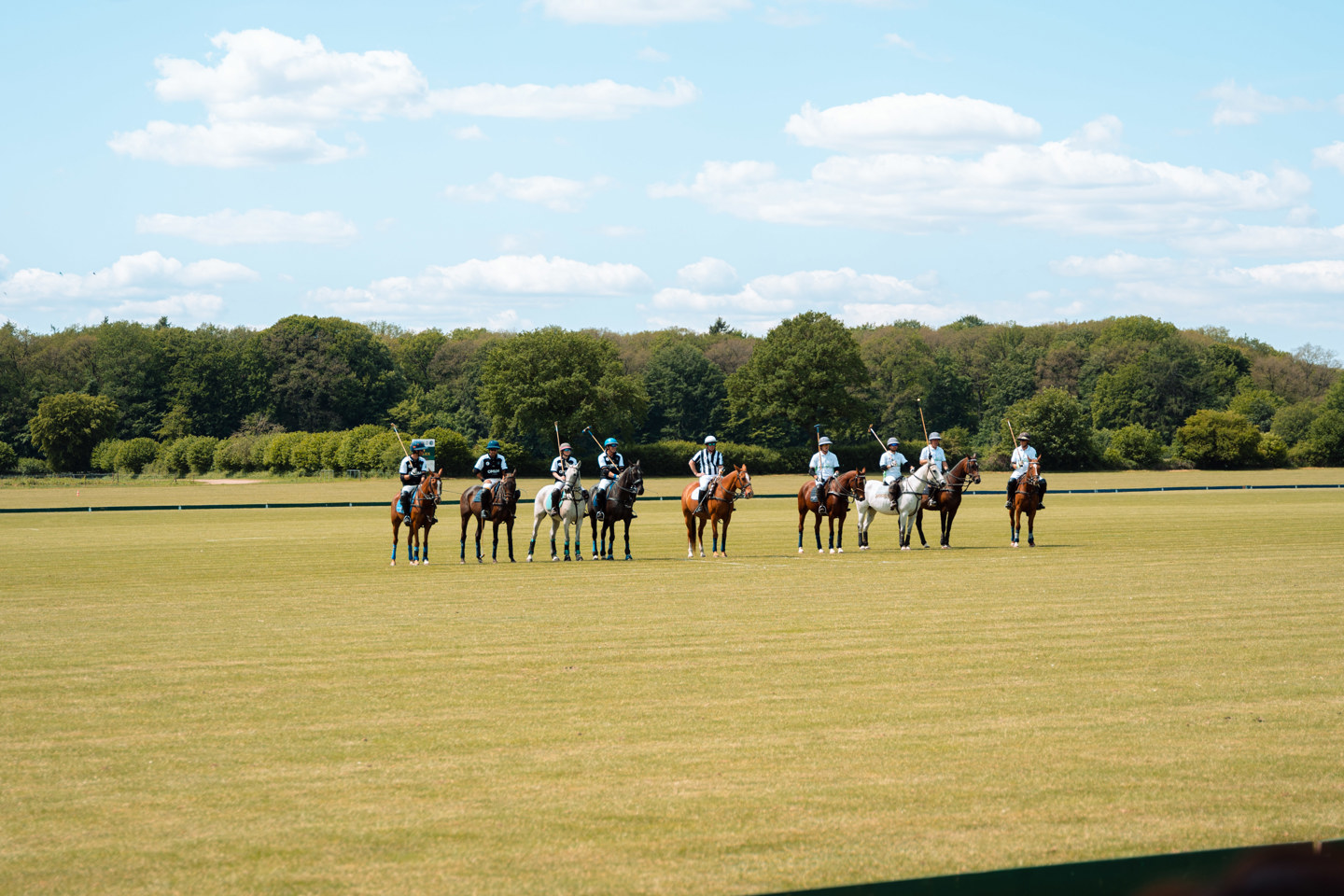 „Zwei Polo-Teams mit jeweils vier Reitern stehen mit ihren Pferden nebeneinander auf einem grünen Spielfeld, im Hintergrund eine Baumreihe unter blauem Himmel mit vereinzelten Wolken.“
