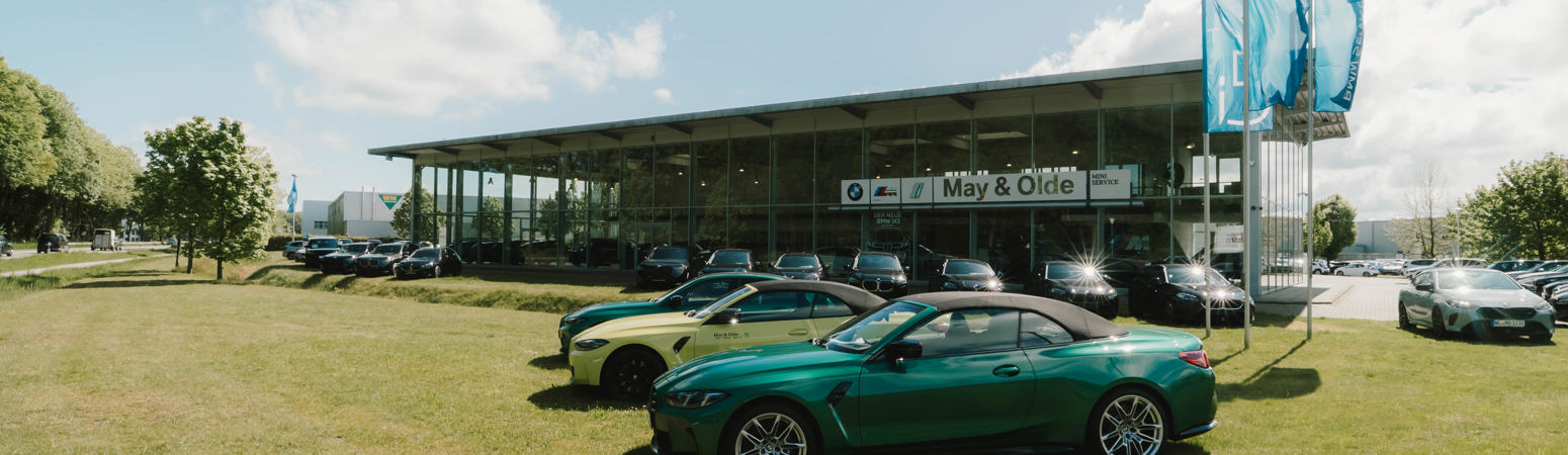 Mehrere Autos, darunter ein grünes Cabrio, sind auf dem Rasen vor einem modernen Autohaus mit blauen Fahnen geparkt.