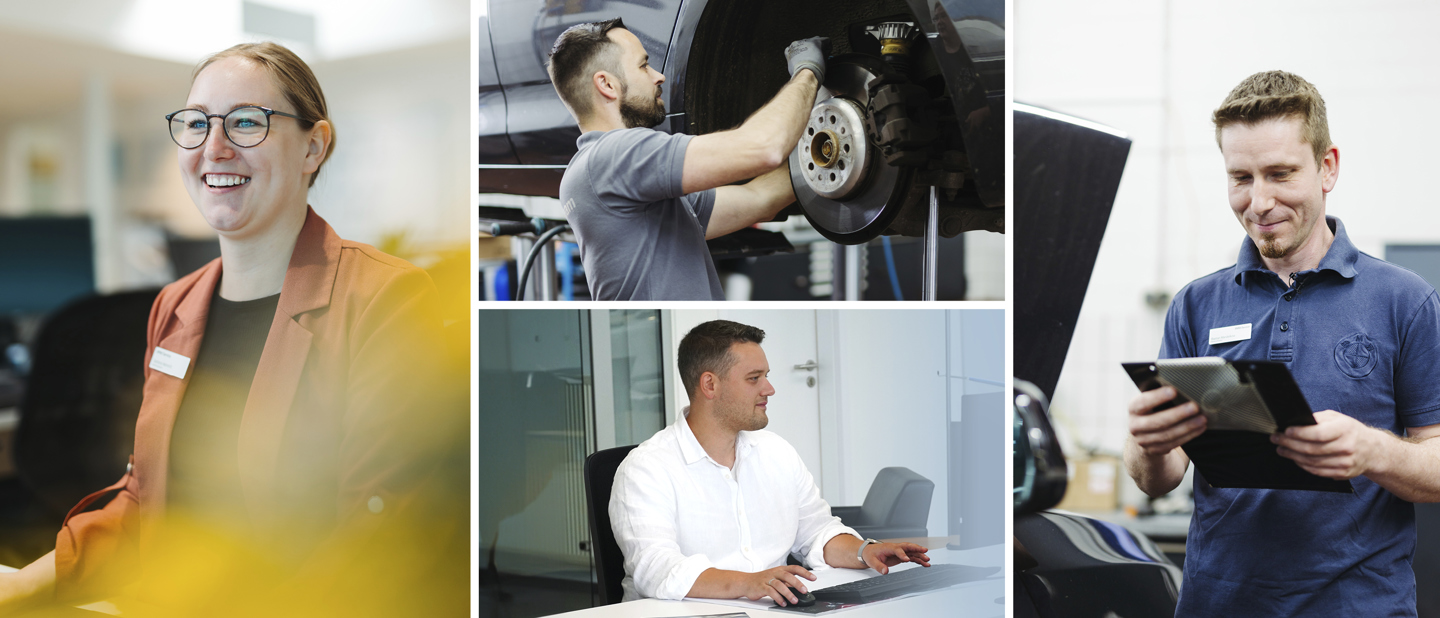 Vier Mitarbeitende von May & Olde in verschiedenen Arbeitsbereichen: links eine freundlich lächelnde Frau im Kundenempfang, rechts oben ein Mechaniker bei der Arbeit an einer Bremsscheibe, rechts unten ein BMW Servicetechniker mit Tablet, und links unten ein Verkaufsberater am Schreibtisch mit Blick auf den Bildschirm.