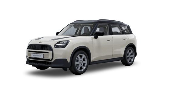 Neuer MINI Countryman in Weiß mit schwarzem Dach und sportlichem SUV-Design, seitlich von vorn fotografiert auf weißem Hintergrund.